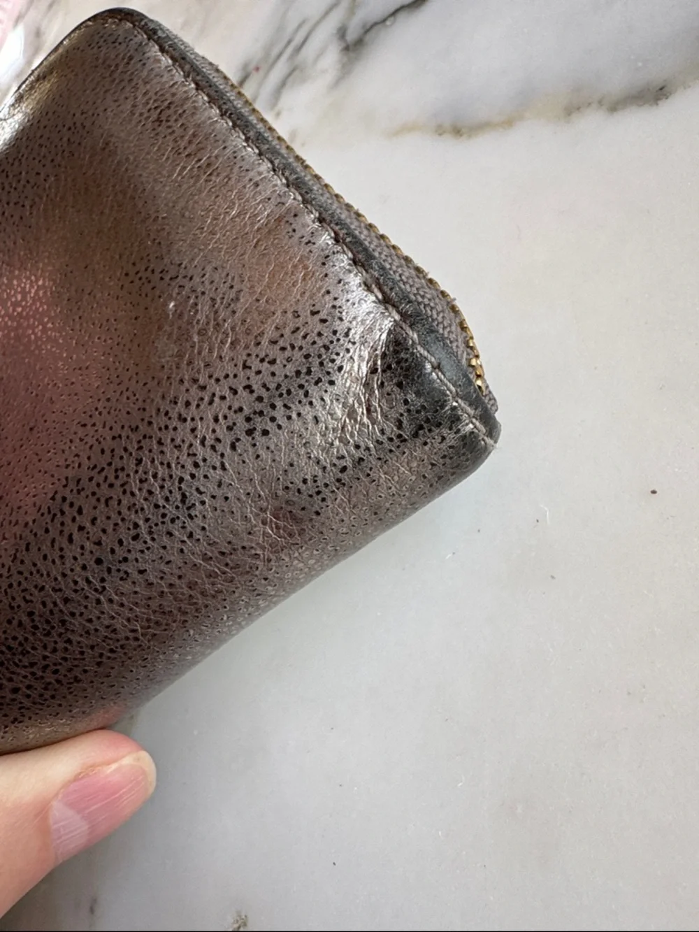 Michael Kors Metallic Pewter Leather Zip Around Wristlet Wallet Gold Hardware
